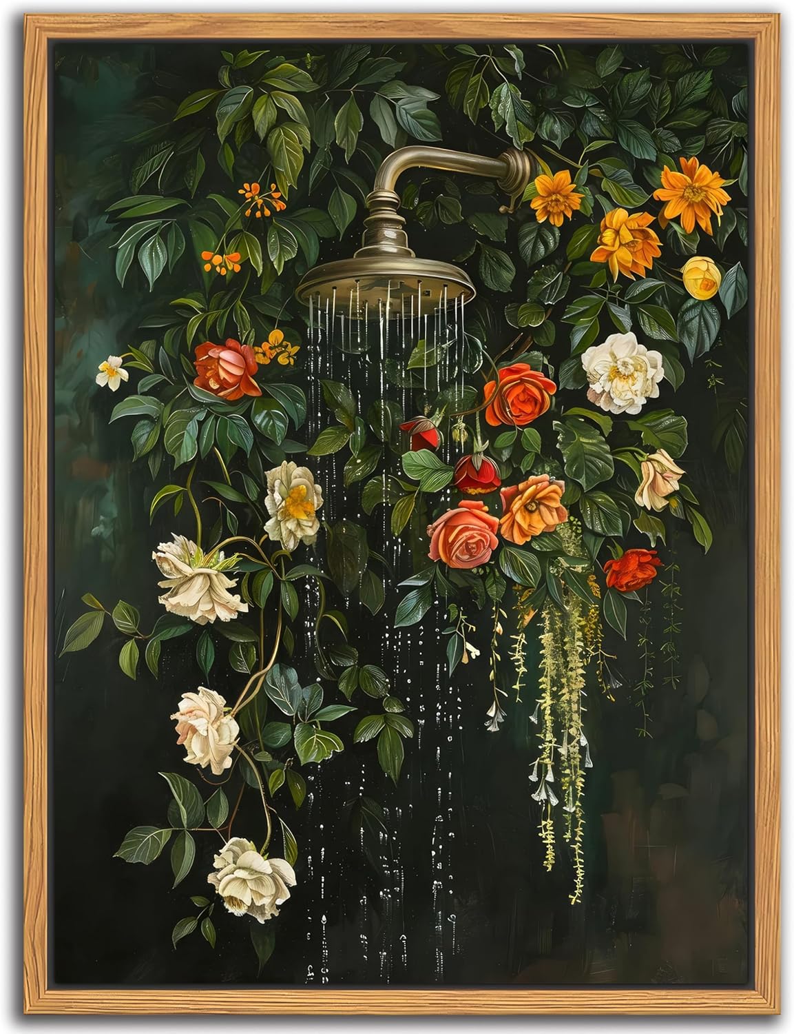Skiennix Floating Framed Floral Shower Wall Art - Vintage Botanical Canvas Print | Romantic Garden Roses & Waterfall Painting | 12x16 Inch Nature-Inspired Bathroom Decor