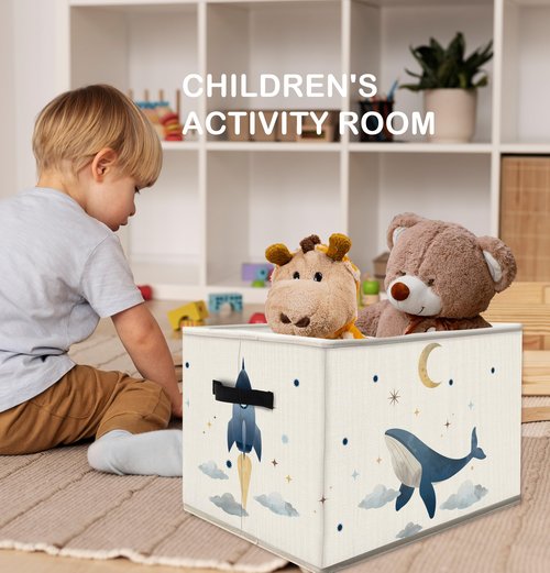 FDHSPAAM Outer Space Rocket Whale Nursery Storage Bins Box with Handles, Cosmic Galaxy Planet Star Moon Collapsible Fabric Storage Basket Box Organizer for Bedroom Bathroom Clothes Toys Books