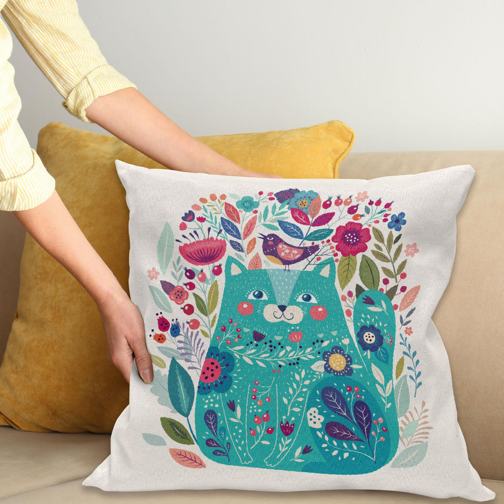 Ambesonne Cat Throw Pillow Cushion Cover, Kitty Surrounded by Birds Flowers Ladybugs Inspirational Folk Theme, Decorative Square Accent Pillow Case, 18" X 18", Multicolor Seafoam