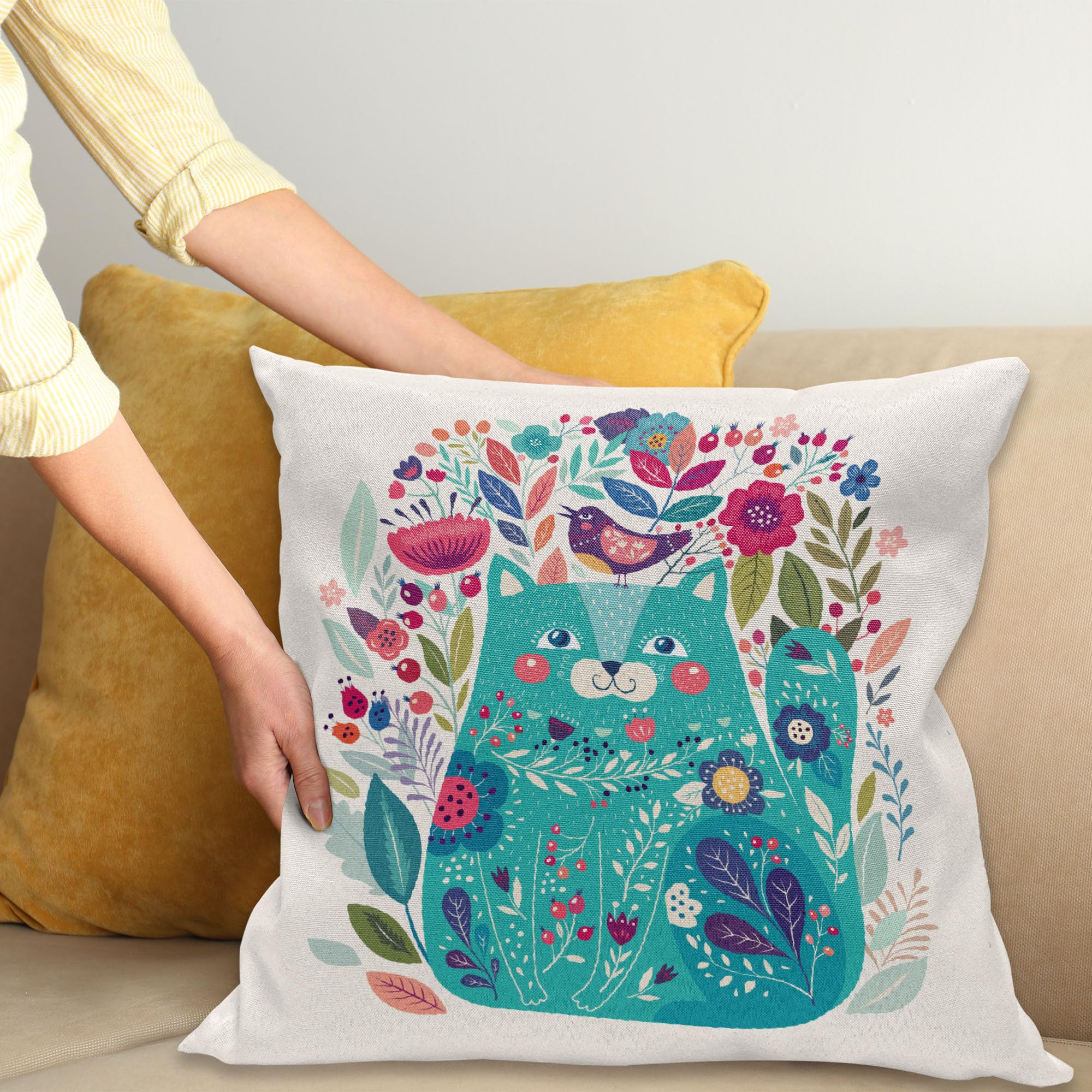Ambesonne Cat Throw Pillow Cushion Cover, Kitty Surrounded by Birds Flowers Ladybugs Inspirational Folk Theme, Decorative Square Accent Pillow Case, 18" X 18", Multicolor Seafoam