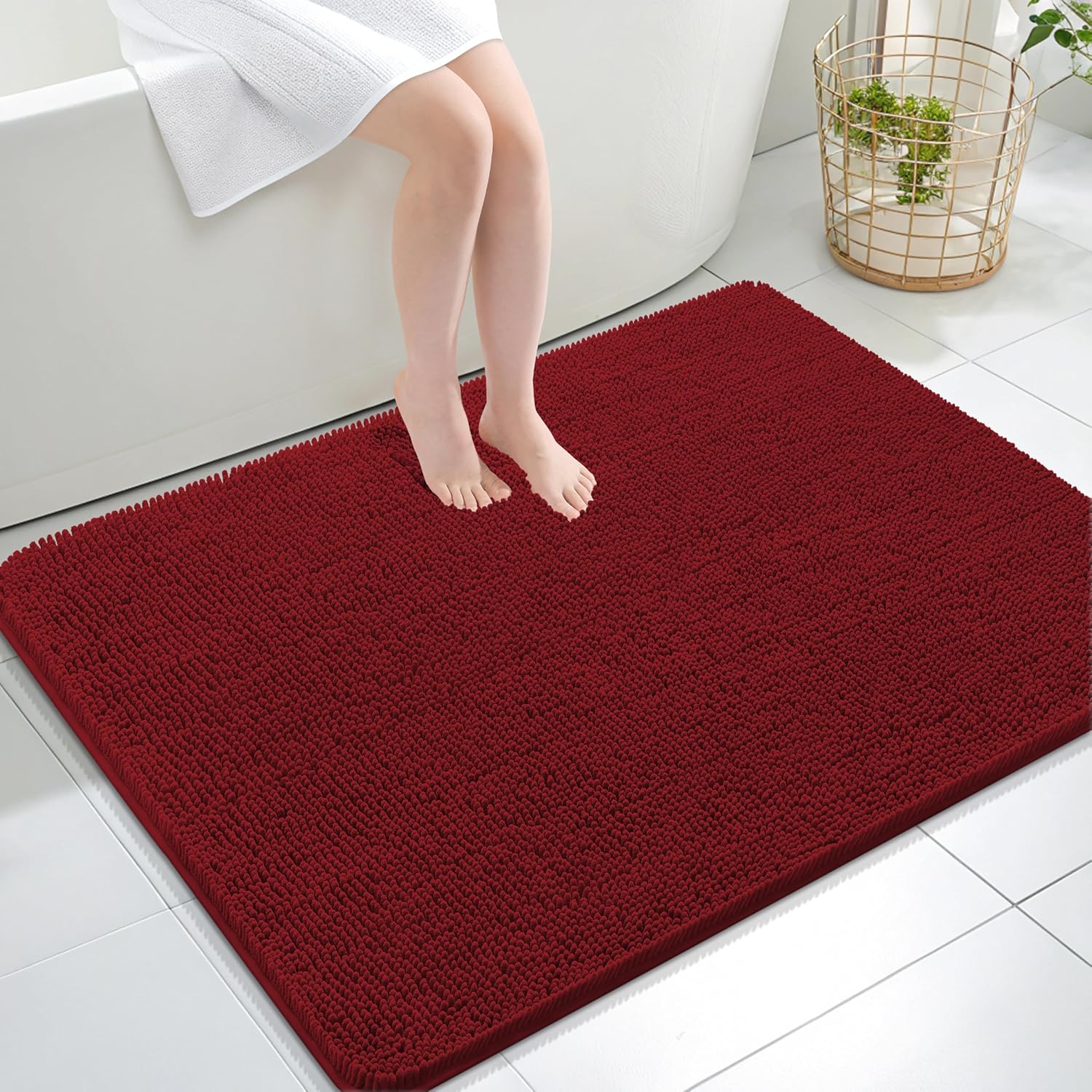 OLANLY Large Bath Rugs - Extra Soft Chenille, Quick-Dry Rubber Backing | 40x32 Inches, Red