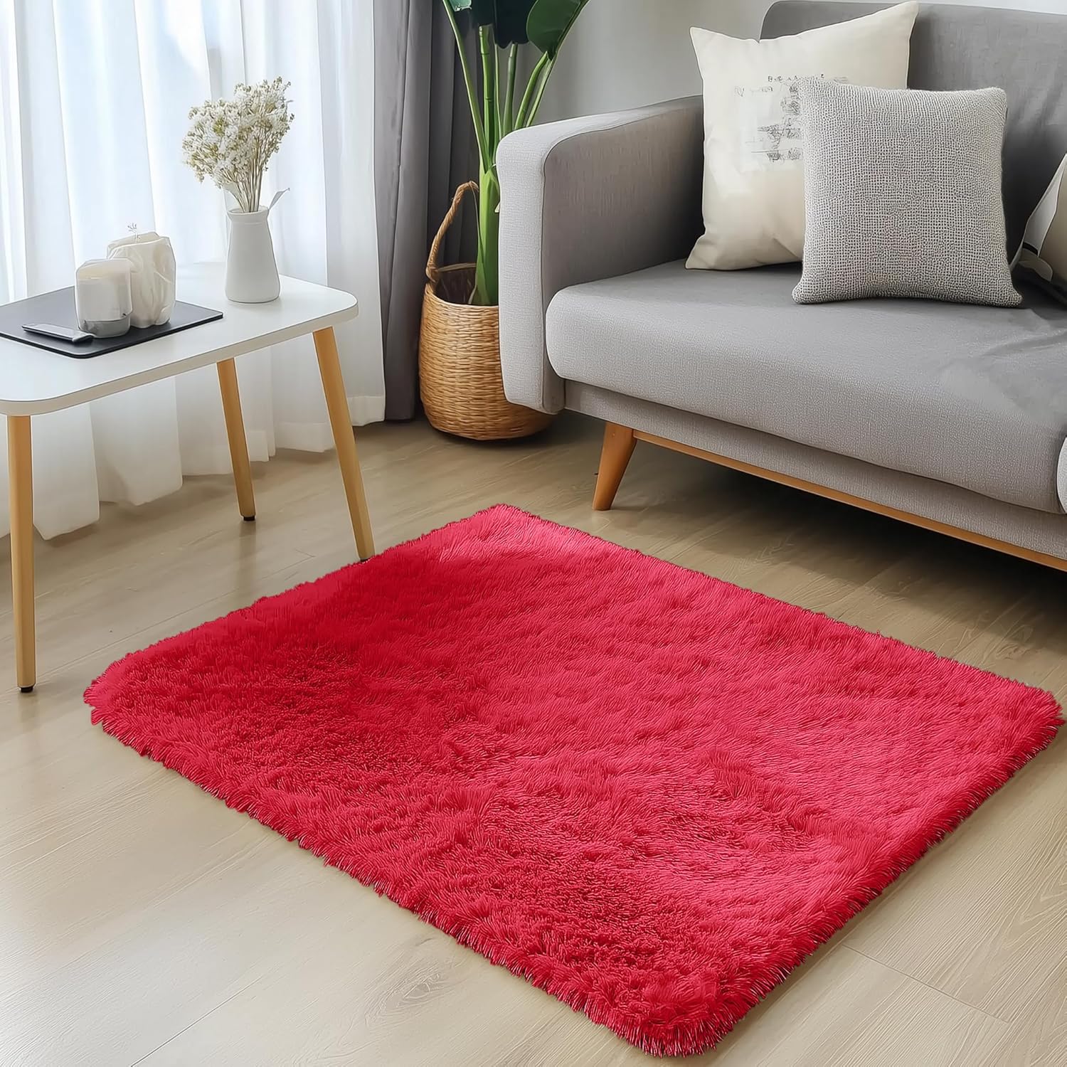 OLANLY Small Bedside Rug - Soft Fluffy Shaggy Indoor Carpet for Bedroom & Nursery | Red 2x3 ft