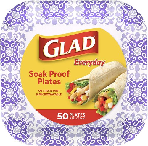 Glad Square Disposable Paper Plates - Heavy Duty, Soak Proof & Microwaveable | 8.5" Diameter, 50 Count