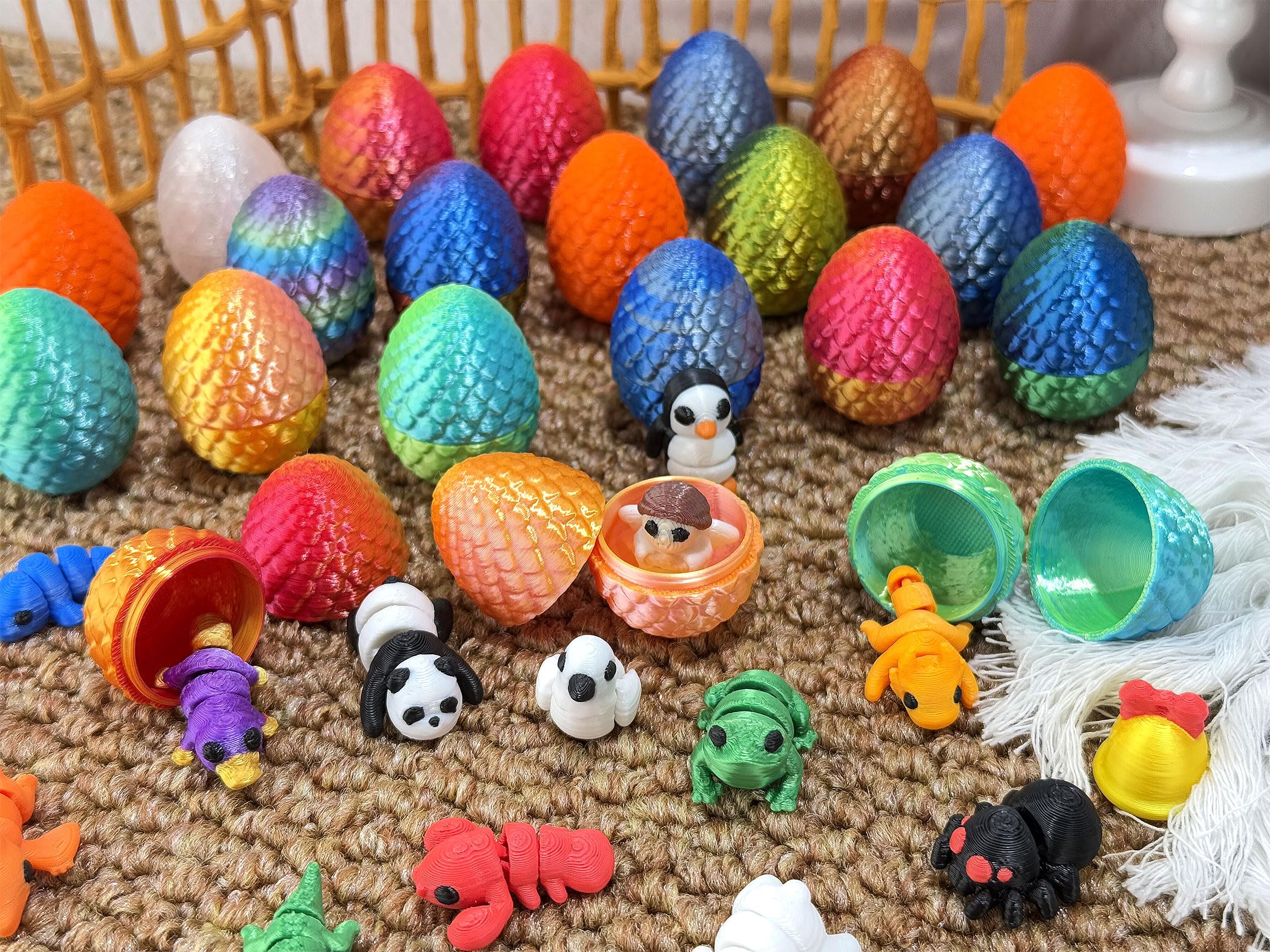 24 Pcs 3D Printed Easter Eggs with 24pcs Random Mini Animal Inside,Home Office Decor Executive Desk,Christmas, Easter, and Birthday Gifts