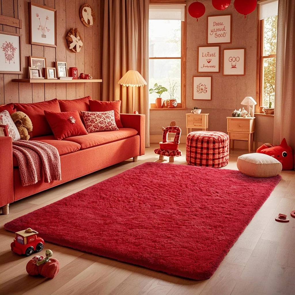 Ophanie Red Area Rug - Plush Soft Shaggy Carpet for Bedroom & Living Room | 4x6 Indoor Floor Decor