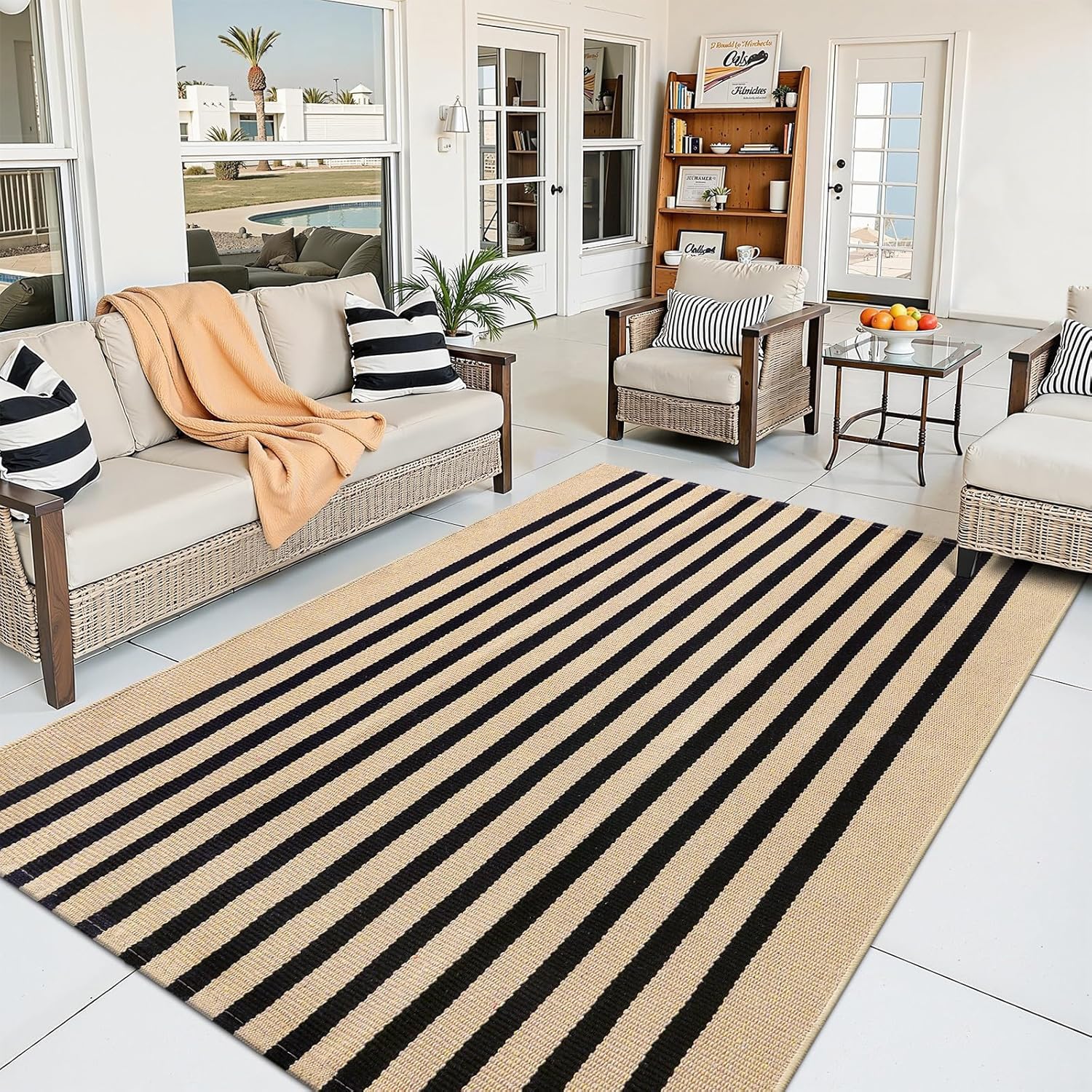 OLANLY Striped Rug - Washable Brown and Black Cotton Doormat 4' x 6' for Indoor/Outdoor Use