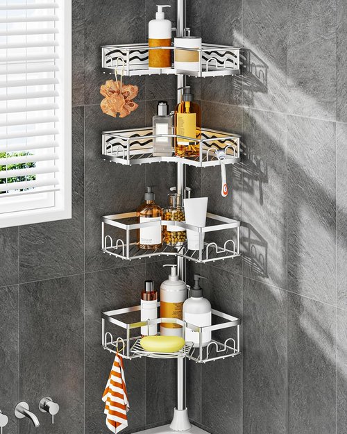 ALLZONE Corner Shower Caddy - Adjustable Tension Pole with 4 Baskets & Dual Hooks | Rust-Resistant Stainless Steel, 34-116 Inch