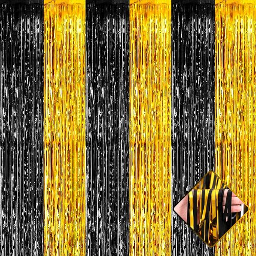 Black Gold Foil Fringe Curtain Backdrop by [Brand Name] - 4 Pack, 3.2Ft x 8.2Ft for Photo Booths & Parties