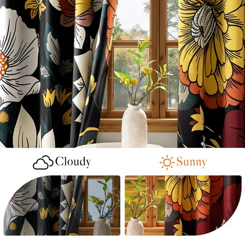 NICETOWN 100% Blackout Boho Floral Curtains for Living Room Bedroom Botanical Fall Drapes Grommet Thermal Insulated Soundproof Vintage Flower Pattern Printed Window Treatment, W52xL96, 2 Panels