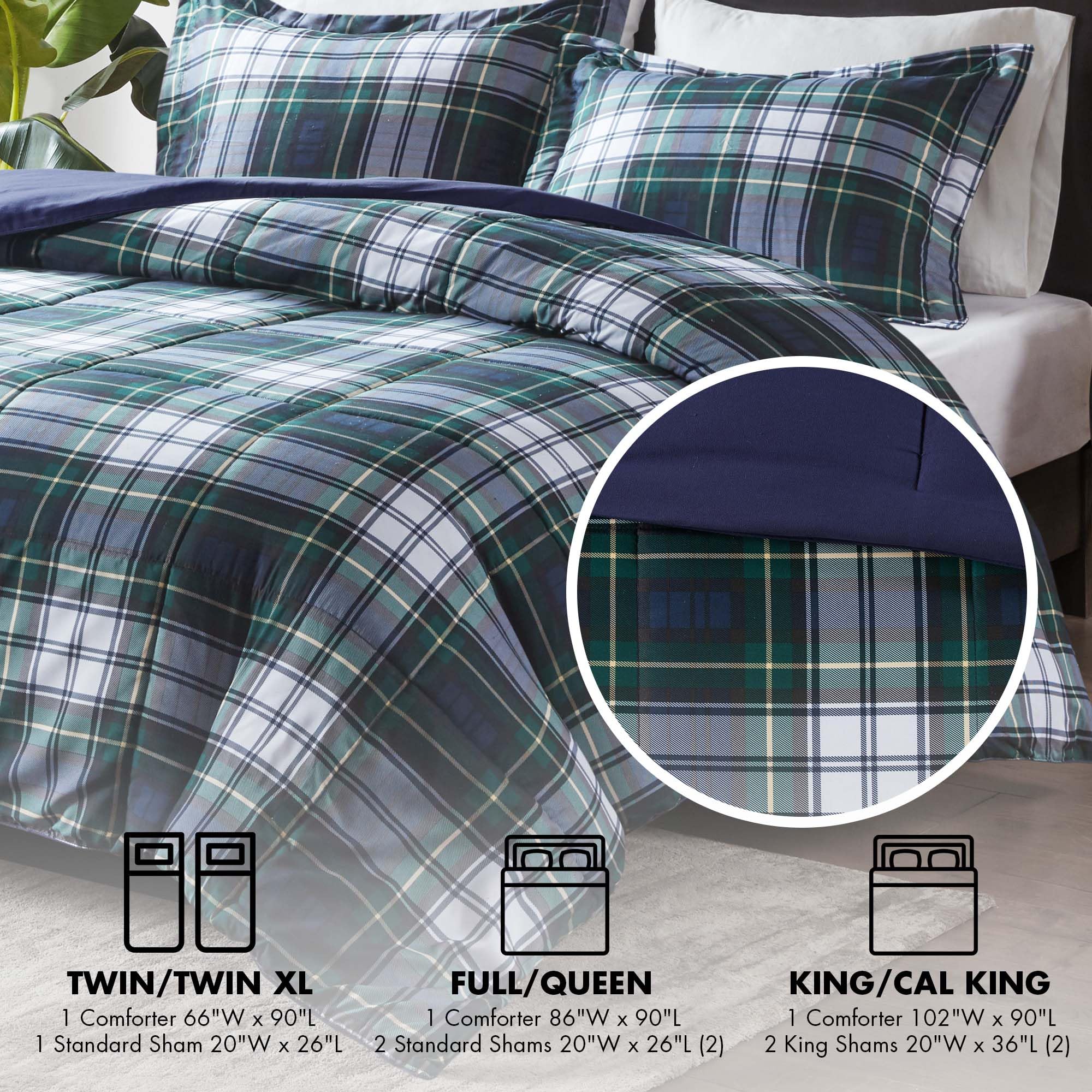 Madison Park Essentials Parkston Plaid Comforter, Matching Sham, 3M Scotchguard Stain Release Cover, Hypoallergenic All Season Bedding-Set, Full/Queen, Navy, 3 Piece