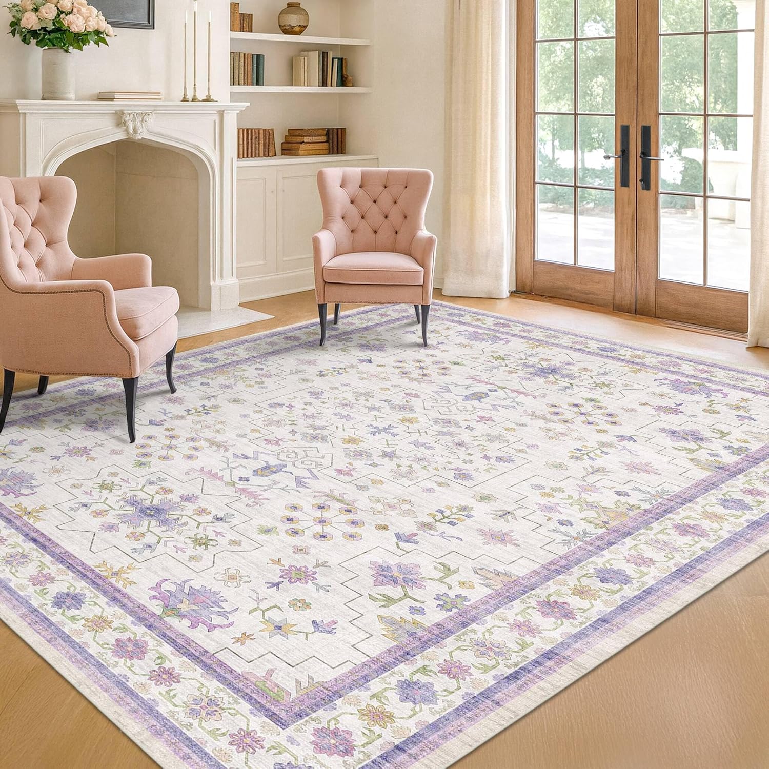 Skiennix Light Purple Area Rug - Non-Slip, Washable Design for Girls' Bedroom | 5x7 Size, Lavender & Cream with Green Accents