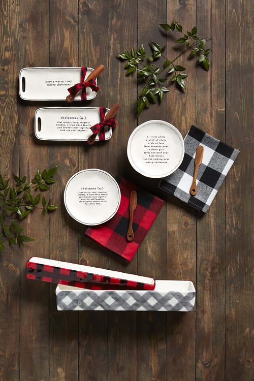 Mud Pie Nested Ceramic Buffalo Check Cracker Dishes, Gray/Red