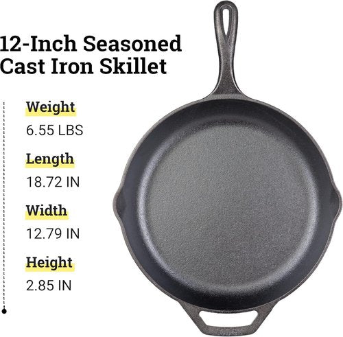Lodge 12" Cast Iron Skillet - Chef Collection - Ergonomic Handles for Perfect Searing - Durable Cookware