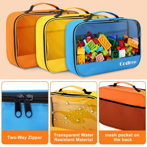 codree 6 Pack Large Oxford Cloth Toy Storage Bags, 13 x 8.5 x 3.9 Inch Visible Organizer Pouch with Zipper, Waterproof Travel Toy Storage for Building Blocks, Small Toys