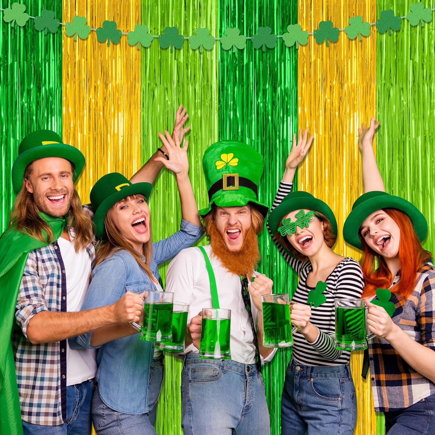 St. Patrick's Day Party Decorations - 2 Pack Green & Gold Backdrop Curtains | 3.28 FT x 7.05 FT Tinsel Streamers