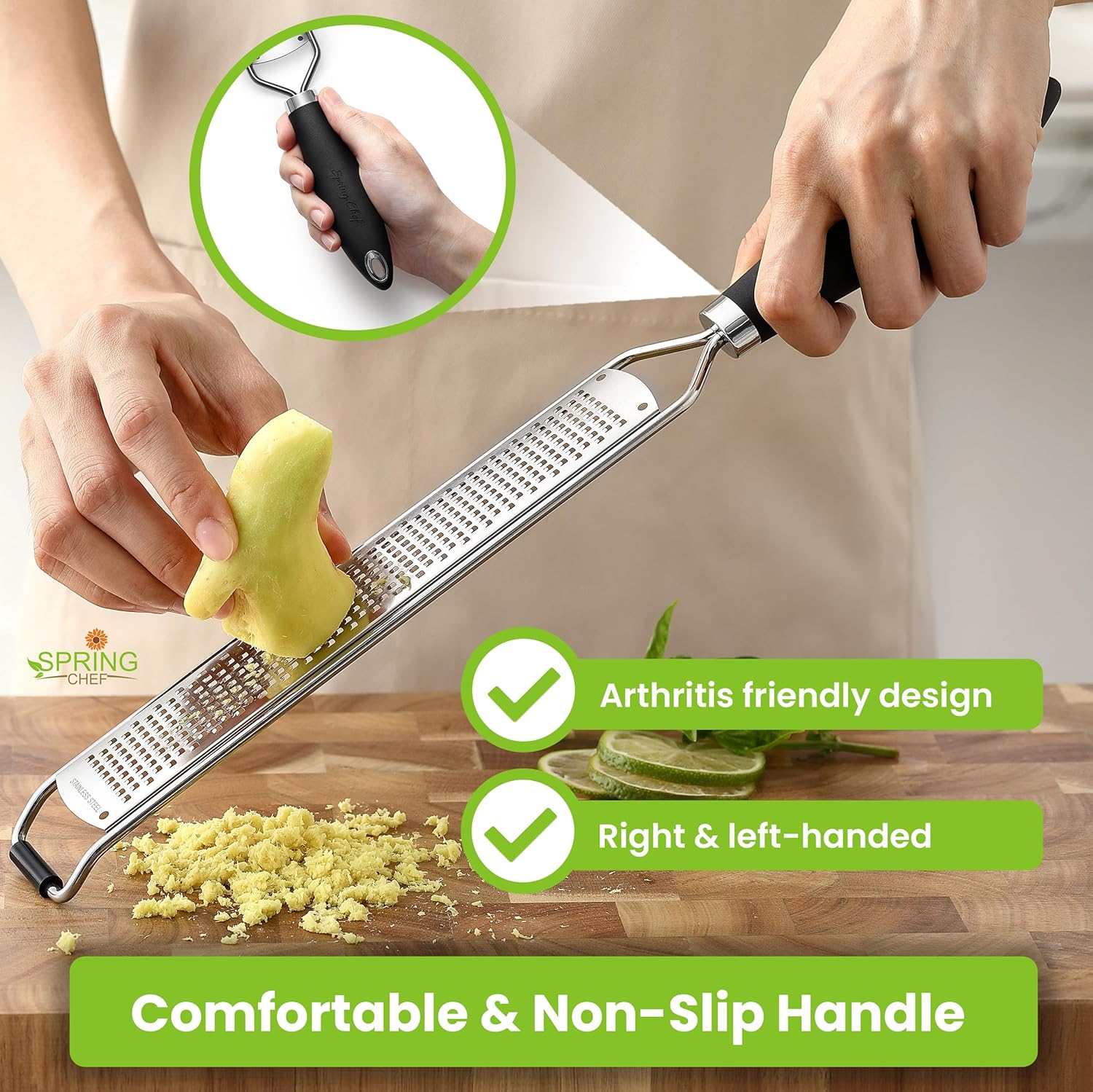 Spring Chef Stainless Steel Lemon Zester Grater - Heavy-Duty Kitchen Tool for Citrus, Cheese & More - Black