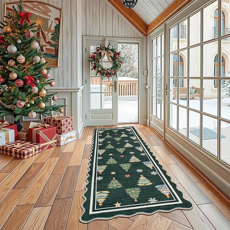 Ortiga Scalloped Christmas Runner Rug 2' x 6' Forest Green - Machine Washable