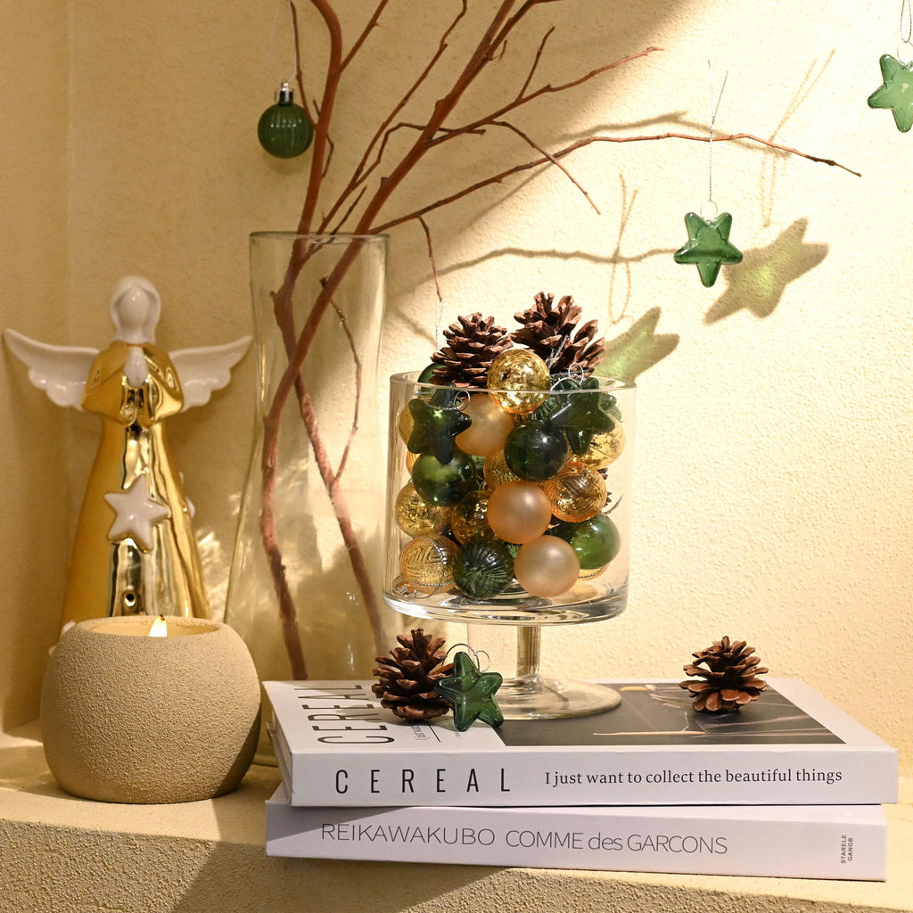 DecorbyHannah Mini Christmas Tree Ornaments, 35ct 1.18inches Green Gold Christmas Ball Ornaments for Tree Decorations, Small Clear Shatterproof Plastic Hanging Balls Bulk for Xmas, Party, Wedding
