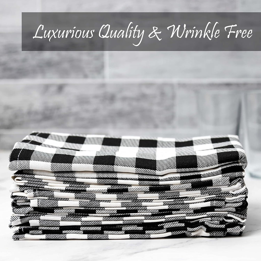 PERLLI Cotton Cloth Napkins - 12 Pack 18x18 Inches | Black and White Plaid Design, Washable & Reusable for Elegant Table Settings