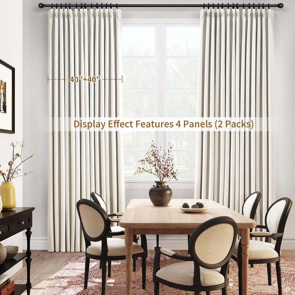 Pinch Pleated 100% Blackout Linen Curtains 96 Inches Long for Bedroom Living Room Memory Trained Pinch Pleat Linen Curtains Rustic Farmhouse Thermal Insulated Natural Cream Pleated Drapes 8ft 40x96