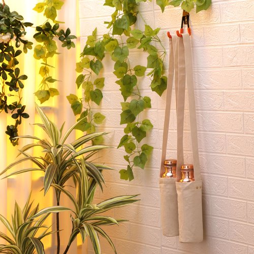 Kitchen Science Authentic Ayurvedic Copper Water Bottle Pack of 2 for Drinking Water | Large 34OZ Copper Vessel | 2 Canvas Bottle Carrying Bags
