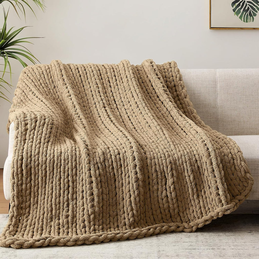 Negwoo Chunky Knit Throw Blanket - Handmade Light Brown Chenille Yarn | Soft & Comfy 40'' x 50'' Size