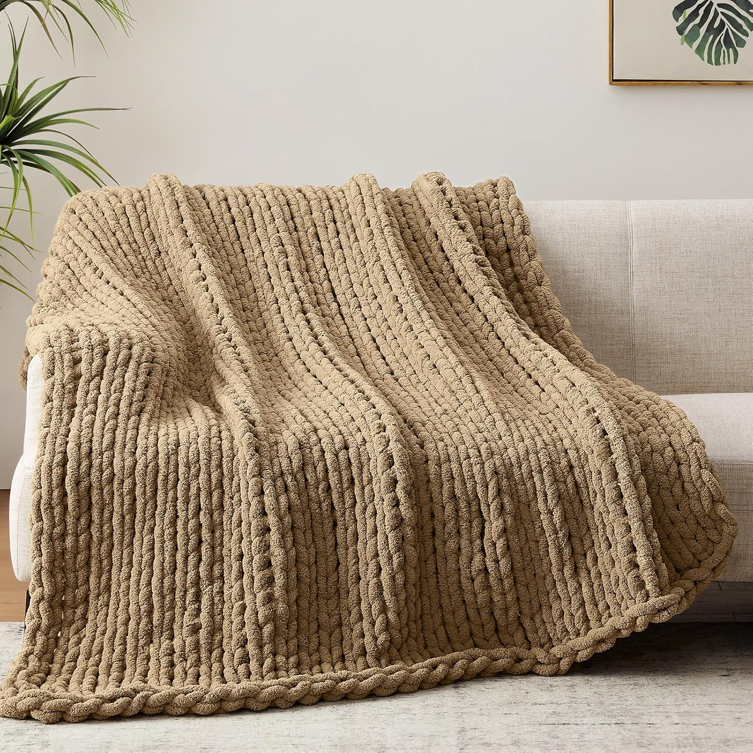 Negwoo Chunky Knit Throw Blanket - Handmade Light Brown Chenille Yarn | Soft & Comfy 40'' x 50'' Size