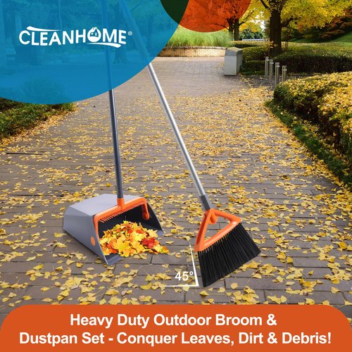 CLEANHOME Heavy Duty Outdoor Broom and Dustpan Set with Long Handle, Standing Dustpan & Split-End Bristles for Patio, Garage, Deck, Leaves Debris Cleaning