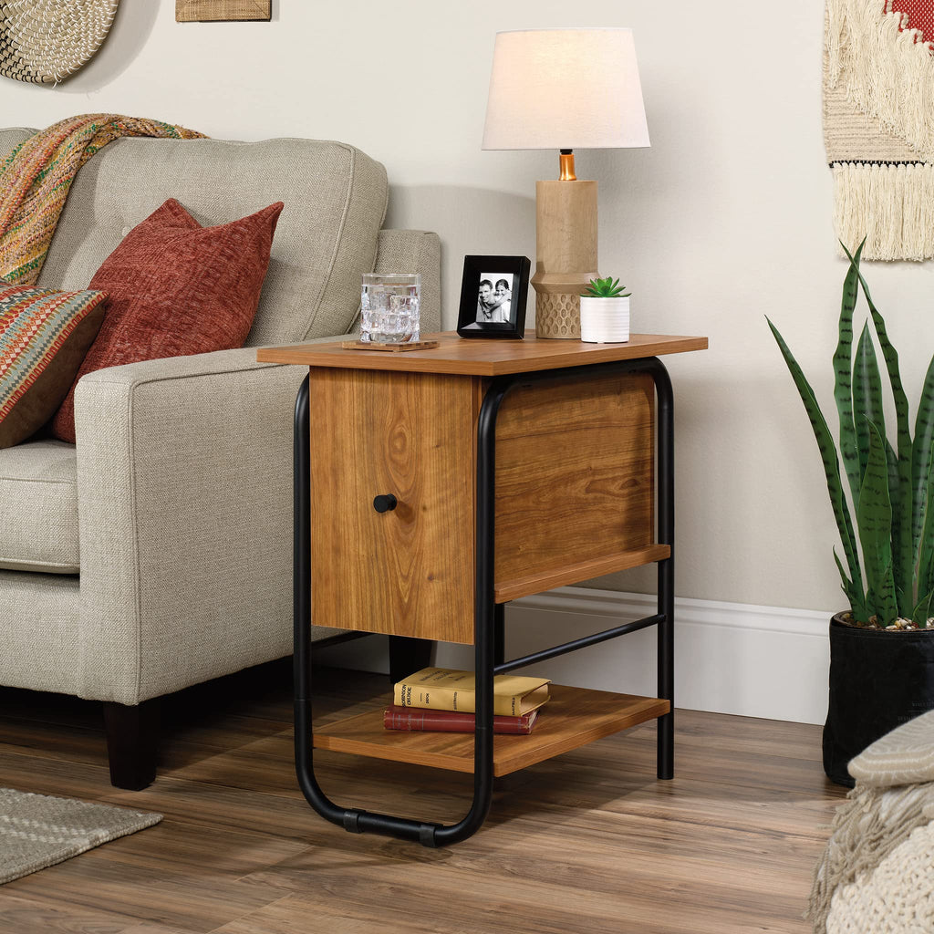 Sauder Union Plain Side Table with Flip Down Door, Prairie Cherry Finish