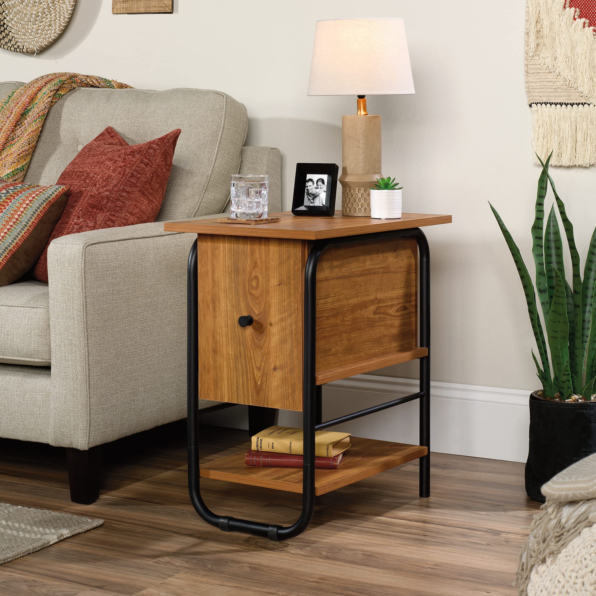 Sauder Union Plain Side Table with Flip Down Door, Prairie Cherry Finish