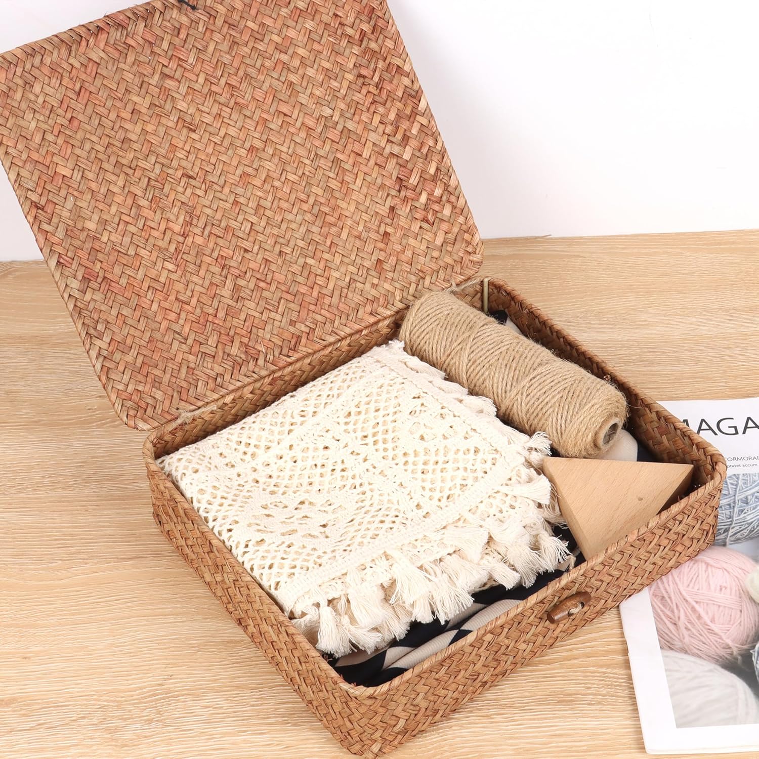 Moosky Wicker Shelf Baskets - Handwoven Seagrass Storage Bins with Lids | Coffee Set of 2