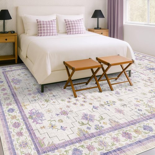 Lavender Floral Area Rug by [Brand Name] - 8x10 Large Non-Slip, Stain-Resistant, Washable Carpet for Bedroom & Living Room