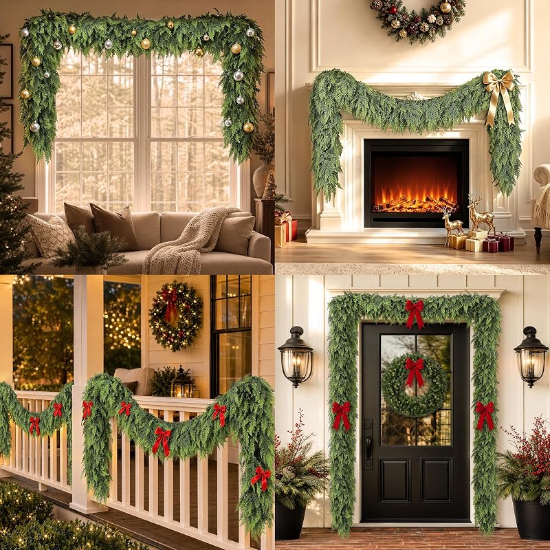 Christmas Cedar Garland 6ft Real Touch Upgrade Large Branches - Lush Faux Pine for Mantle & Holiday Decor (Variation: Christmas Green+1+6ft)