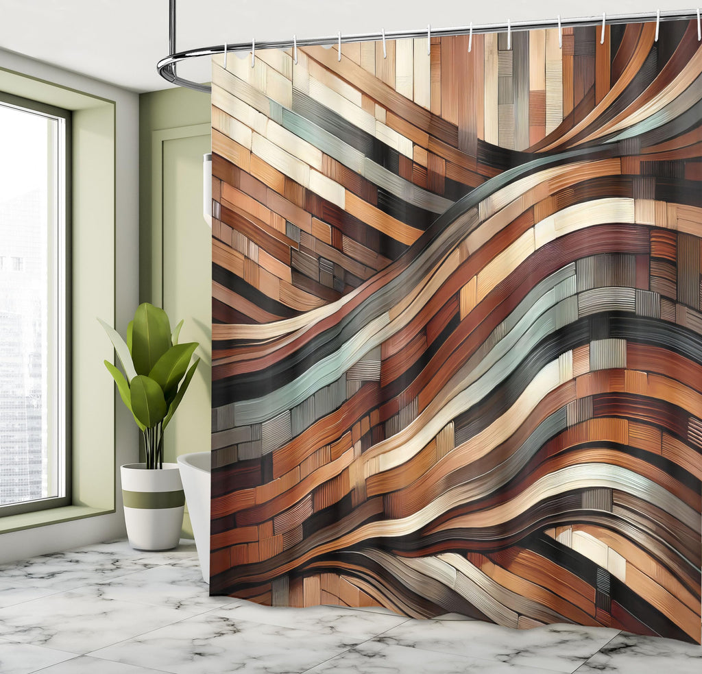 Ambesonne Brown Shower Curtain, Intricate Vertical and Horizontal Wavy Pinstriped and Brushstroke Print, Cloth Fabric Bathroom Decor Set with Hooks, 69" W x 70" L, Blue Grey Camel Maroon