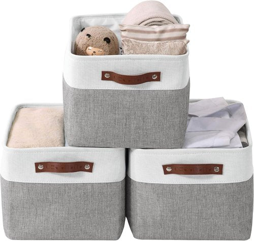 DECOMOMO Storage Baskets - Stylish Fabric Organizers for Shelves | Large Grey & White - 3 Pack