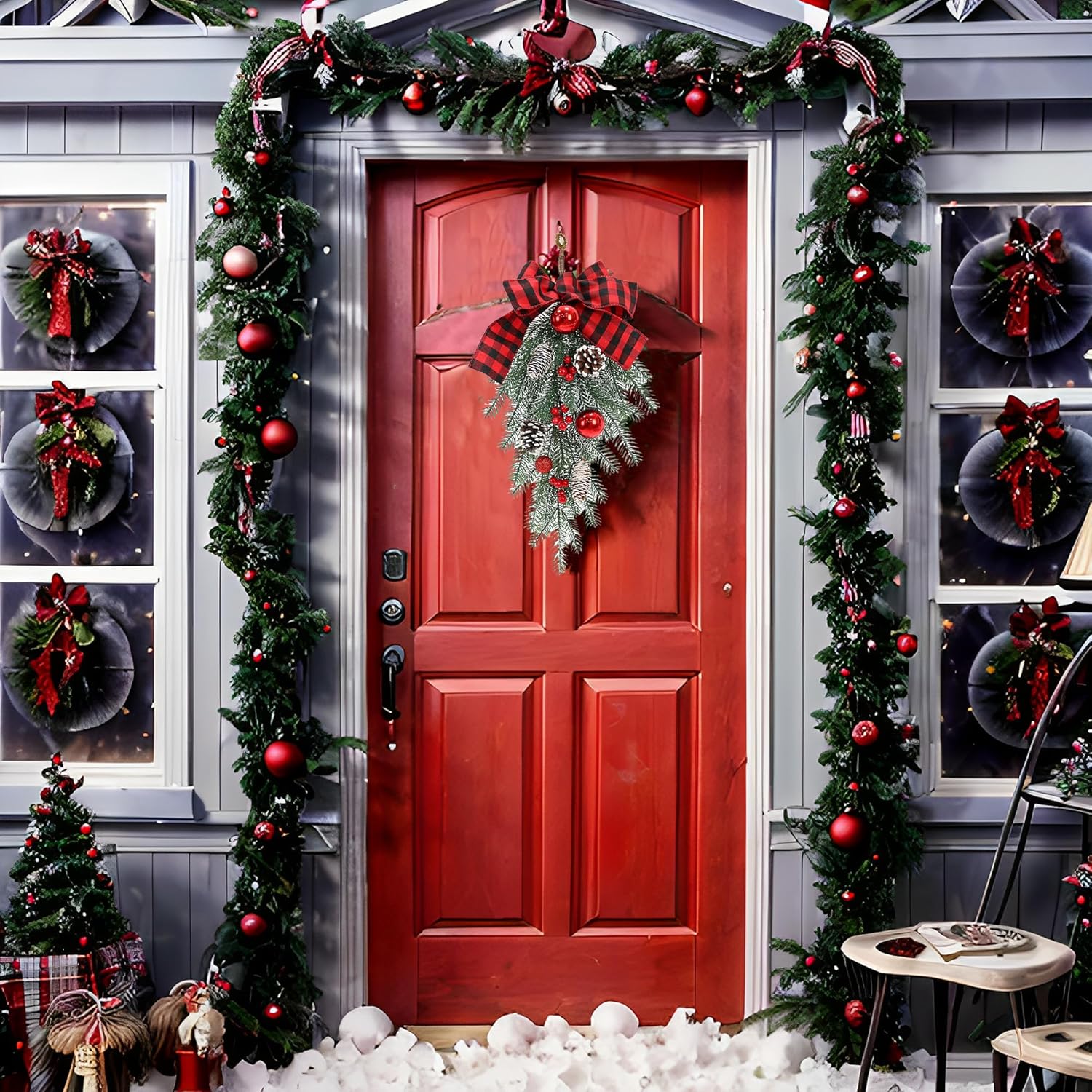 Regine Switzerland Christmas Swag - Decorative Outdoor Garland with Pine Cones & Red Bow | Teardrop Design