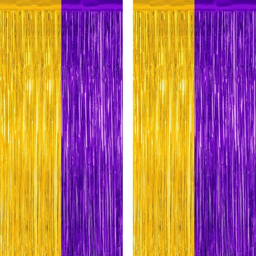 Graduation Backdrop - 2 Pack Metallic Purple & Gold Foil Fringe Curtains | 3.28 FT x 7.05 FT Class of 2026 Decor