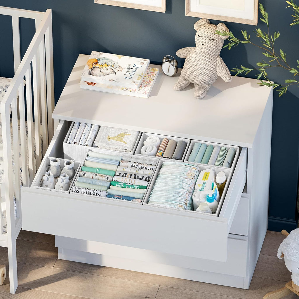 Skiennix Drawer Organizer Set of 12 - Stylish White-Grey Dresser Storage for Nursery & Bedroom