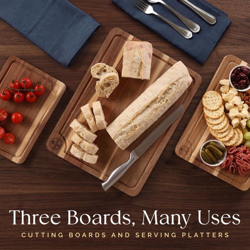 Pre-Oiled, Non Toxic 3-Piece Acacia Cutting Board Set with Stand, FSC Certified Wooden Chopping Boards, Includes 100ml Chopping Board Oil, 3 Size Wood Carving Boards for Home, BBQ Kitchens, Deer & Oak