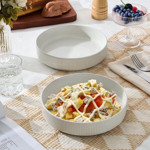 E-far Pasta Bowls Set of 4, 35oz Large Salad Bowl Plate for Dinner Serving Soup, Wide & Shallow Ceramic Stoneware Pasta Plates, Microwave & Dishwasher Safe, Textured Stripes & Speckled White, 8”