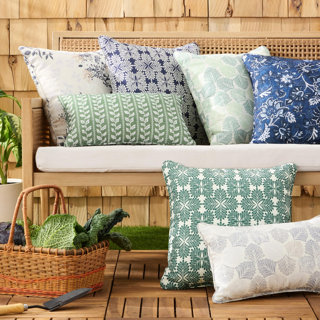 Martha Stewart Charming Foliage Indoor Outdoor Decorative Lumbar Pillow 2-Pack Set, UV Fade Resistant, Water Repellent, Printed Floral Design, Warm Grey, 11"x18"