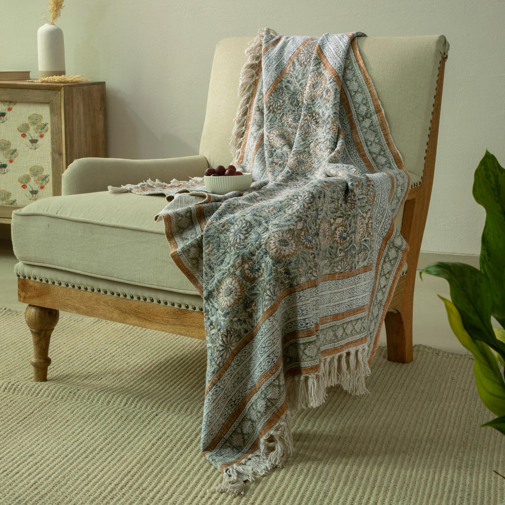 HOME WIBE 100% Pure Cotton Handblock Printed Throw Blanket, Soft 50" x 60" Fringed Floral Print Throw for Couch, Sofa, Chair, Bed - Cozy, Machine Washable, Comfortable Home Decor