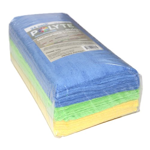 POLYTE Microfiber Cleaning Towel Ultrasonic Cut Edgeless (16x16, 24 Pack, Premium, Blue,Green,Yellow)