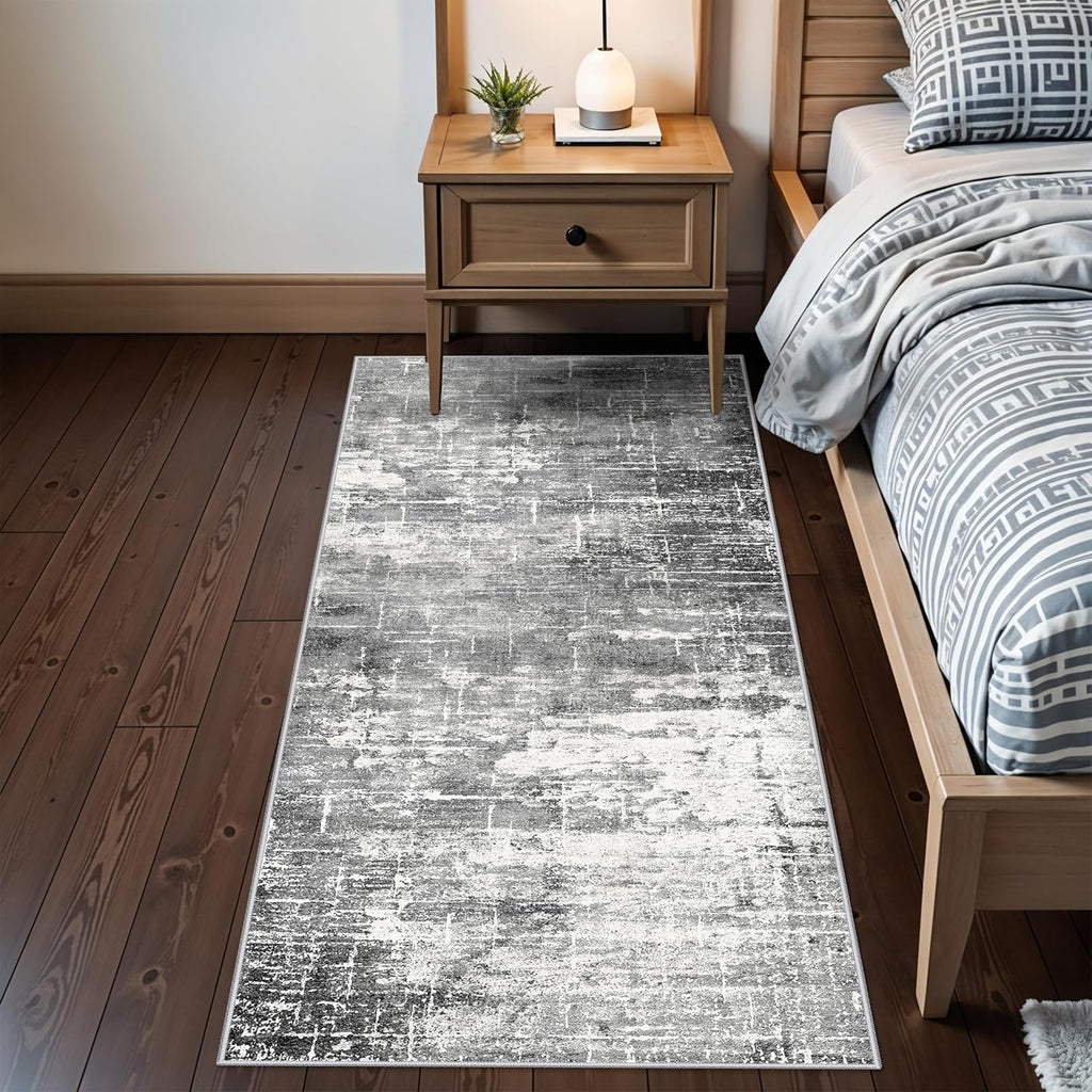 Skiennix Abstract Kitchen Runner Rug - Washable Non-Slip Low Pile Carpet | 2x6 Black/Grey for Modern Home Decor