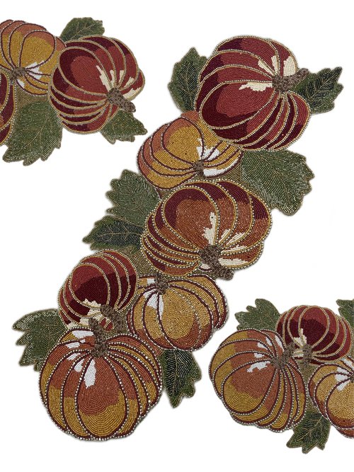 Halloween Pumpkin Beaded Table Runner for Fall - Halloween Decoration Table mat Fancy Colourful red Orange Yellow Brown Multicolour - for Theme Party Celebrations