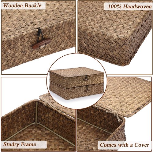 Hipiwe Woven Wicker Basket Bins - Set of 2 Large Seagrass Storage Baskets with Lid for Home Organization | Coffee Color