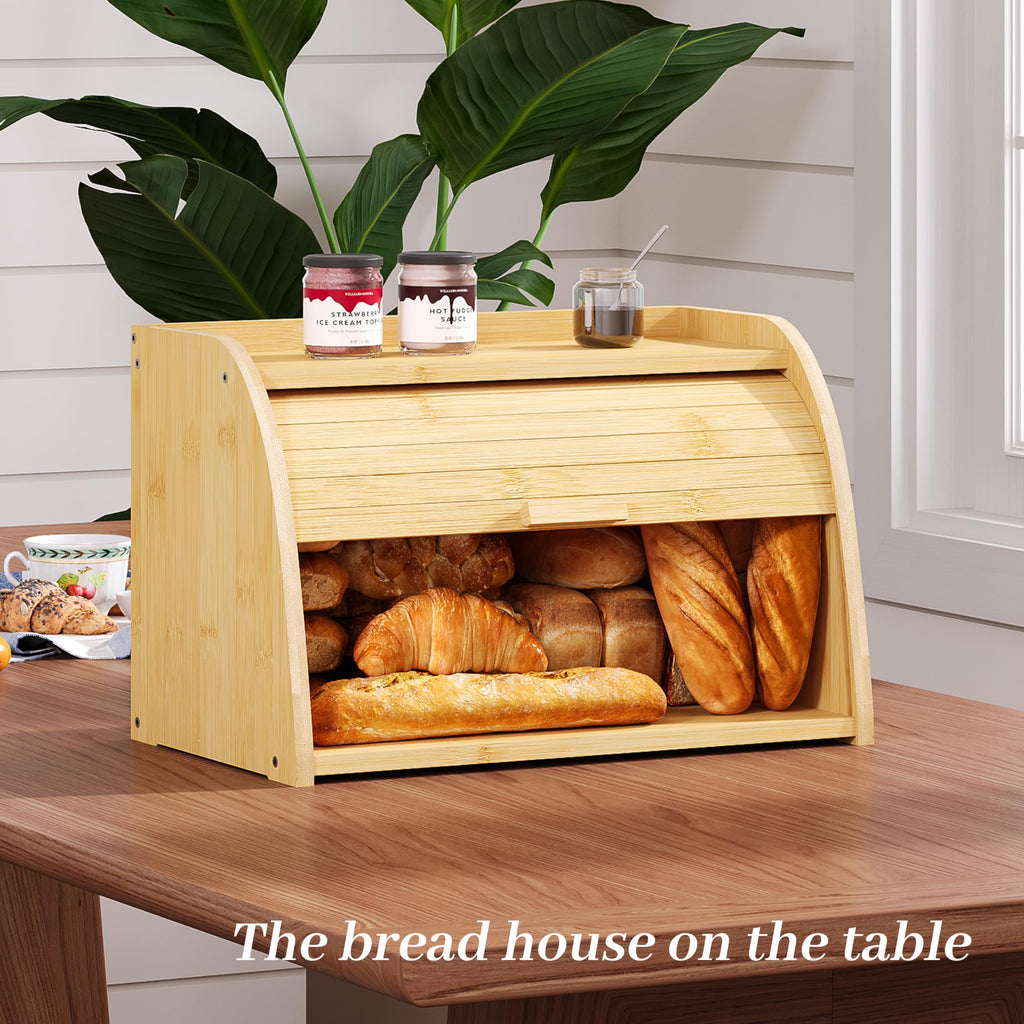 Kitsanery Bread Box for Kitchen Countertop, Bamboo Bread Storage, Double-Layer Roll-Top Bread Container, Farmhouse Bread Holder for Homemade Bread (Natural, single layer)