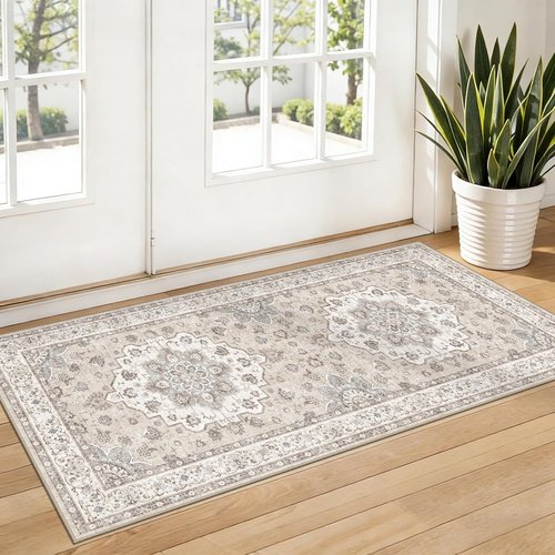 Entryway 2x4 Washable Area Rug - Oriental Stain Resistant Non-Slip Soft Indoor Carpet | Beige