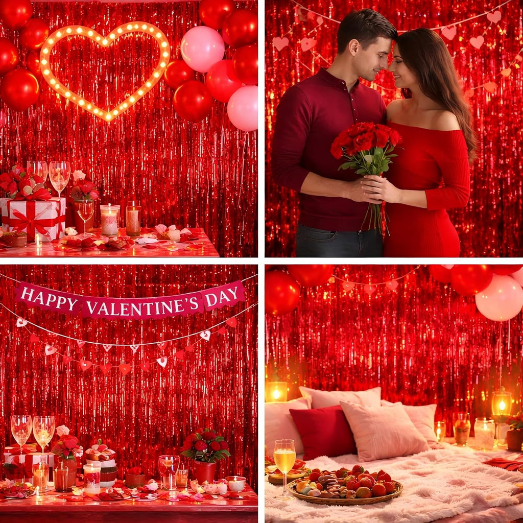 Red Foil Fringe Curtain | Shiny Tinsel Backdrop for Birthday Parties & Photo Booths - 3 Pack, 3.2 x 8.2 ft