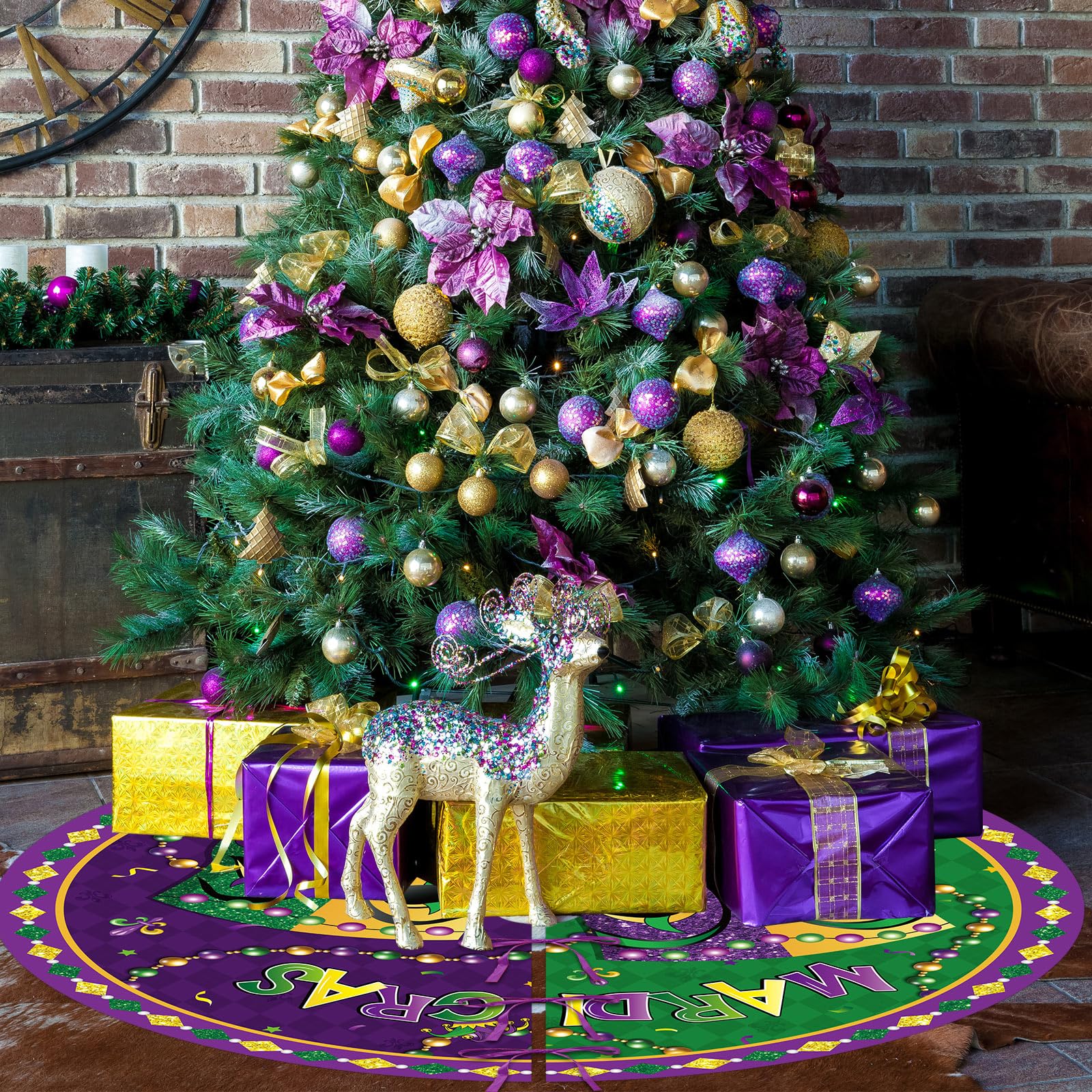 Blosssound Mardi Gras Tree Skirt 36 Inch Carnival Tree Mat Masquerade Party Decor Carpet Mardi Gras Theme Decoration for Home Office Masquerade Holiday Party Decoration